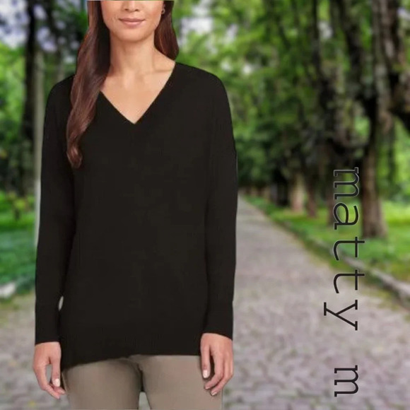 Matty M | V Neck Sweater with Side Slits | Black | NWT - Picture 1 of 4